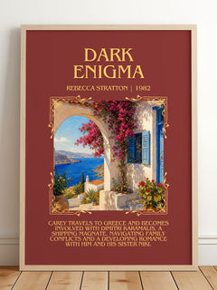 Dark Enigma Minimalist Book Poster by Rebecca Stratton – framed print leaning on a wooden floor