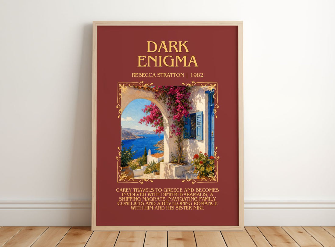 Dark Enigma Minimalist Book Poster by Rebecca Stratton – framed print leaning on a wooden floor