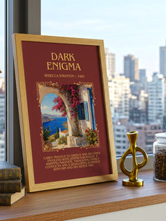 Dark Enigma Minimalist Book Poster by Rebecca Stratton – framed print on a city-view windowsill