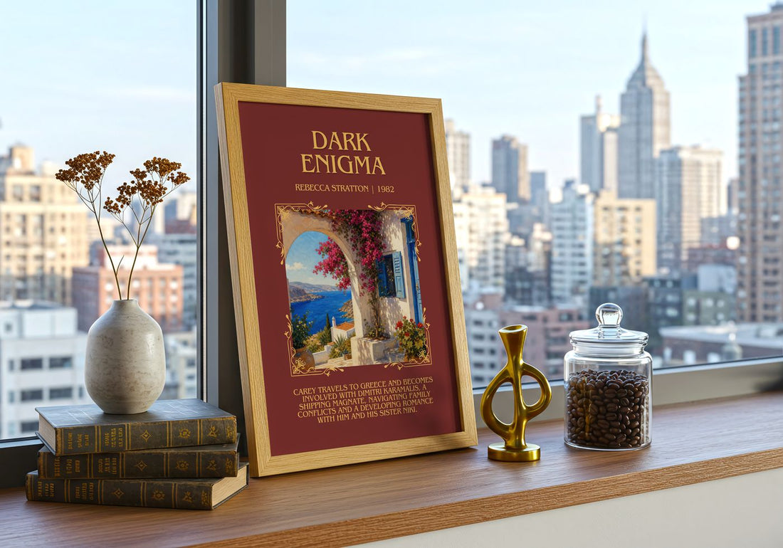 Dark Enigma Minimalist Book Poster by Rebecca Stratton – framed print on a city-view windowsill