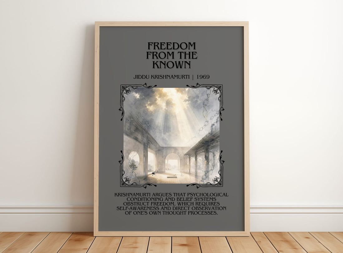 Freedom from the Known Minimalist Book Poster by Jiddu Krishnamurti – framed print leaning on a wooden floor