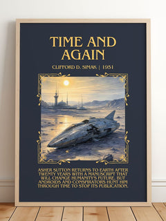 Time and again Minimalist Book Poster by Clifford D. Simak – framed print leaning on a wooden floor