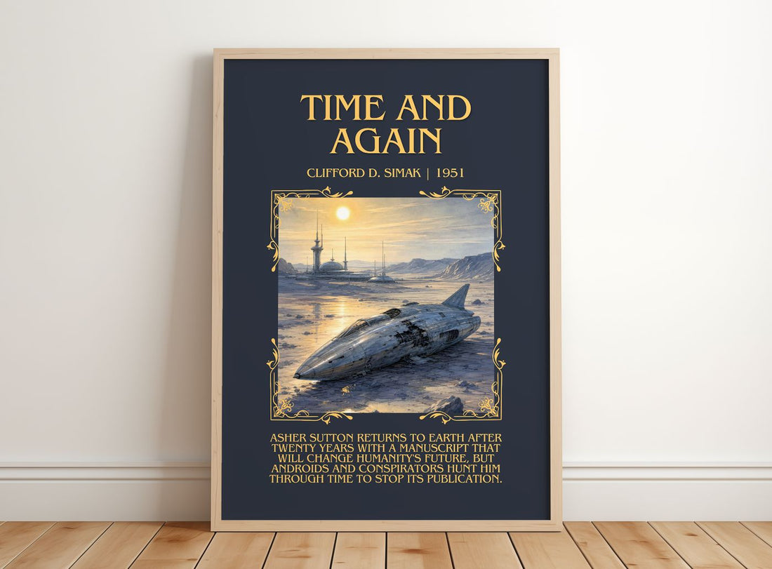 Time and again Minimalist Book Poster by Clifford D. Simak – framed print leaning on a wooden floor
