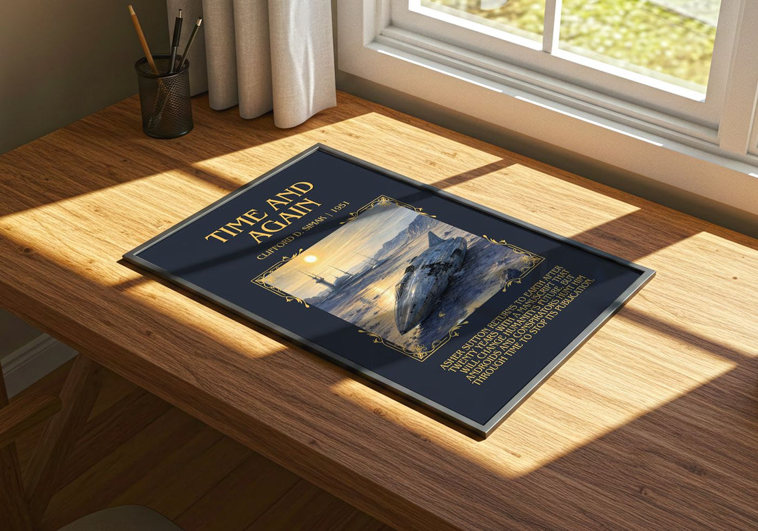 Time and again Minimalist Book Poster by Clifford D. Simak – print on a sunlit desk