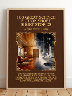 100 Great Science Fiction Short Short Stories Minimalist Book Poster by Alfred Bester – framed print leaning on a wooden floor