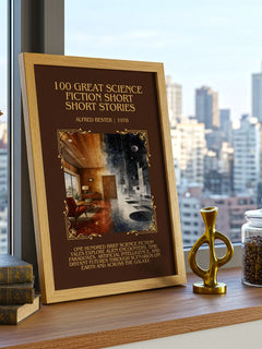 100 Great Science Fiction Short Short Stories Minimalist Book Poster by Alfred Bester – framed print on a city-view windowsill