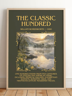 The Classic Hundred Minimalist Book Poster by William Wordsworth – framed print leaning on a wooden floor