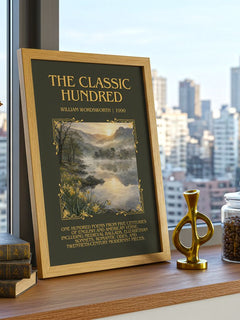 The Classic Hundred Minimalist Book Poster by William Wordsworth – framed print on a city-view windowsill