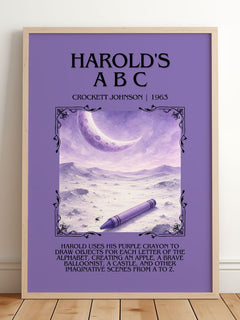 Harold's A B C Minimalist Book Poster by Crockett Johnson – framed print leaning on a wooden floor
