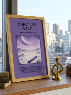 Harold's A B C Minimalist Book Poster by Crockett Johnson – framed print on a city-view windowsill