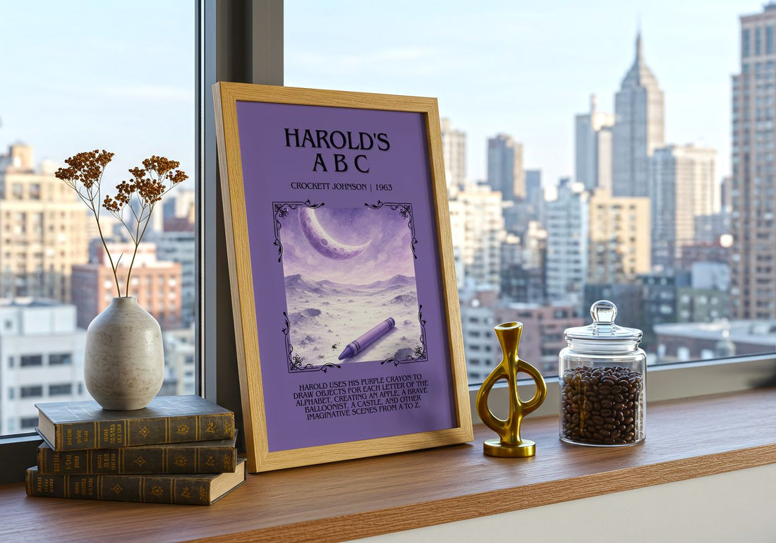 Harold's A B C Minimalist Book Poster by Crockett Johnson – framed print on a city-view windowsill