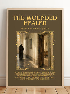 The wounded healer Minimalist Book Poster by Henri J. M. Nouwen – framed print leaning on a wooden floor