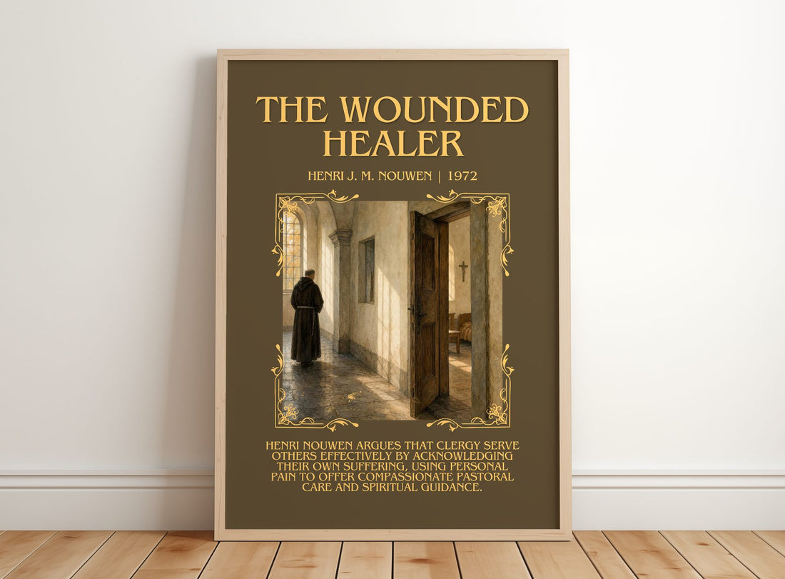 The wounded healer Minimalist Book Poster by Henri J. M. Nouwen – framed print leaning on a wooden floor