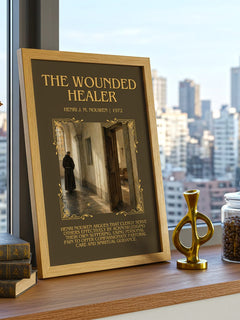 The wounded healer Minimalist Book Poster by Henri J. M. Nouwen – framed print on a city-view windowsill