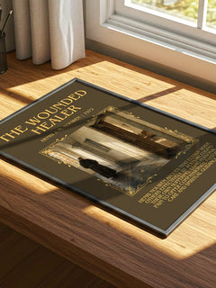 The wounded healer Minimalist Book Poster by Henri J. M. Nouwen – print on a sunlit desk