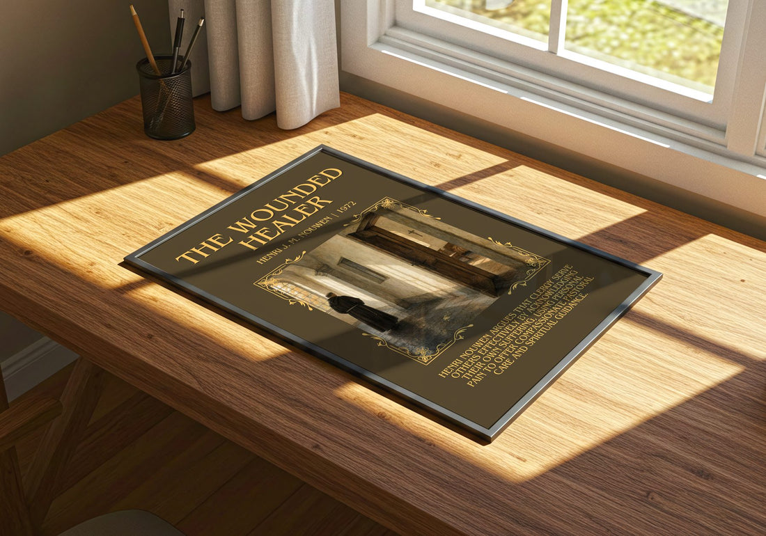 The wounded healer Minimalist Book Poster by Henri J. M. Nouwen – print on a sunlit desk