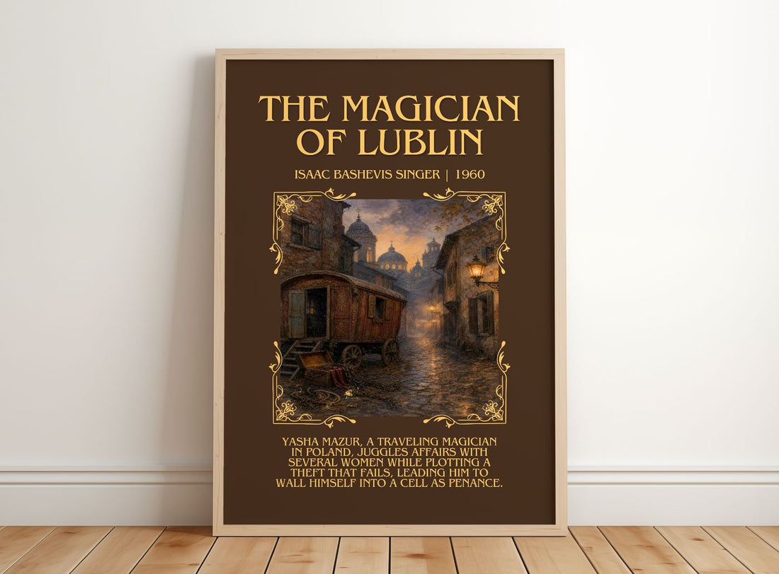 The magician of Lublin Minimalist Book Poster by Isaac Bashevis Singer – framed print leaning on a wooden floor