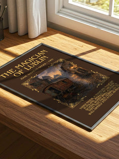 The magician of Lublin Minimalist Book Poster by Isaac Bashevis Singer – print on a sunlit desk