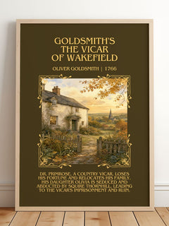 Goldsmith's The vicar of Wakefield Minimalist Book Poster by Oliver Goldsmith – framed print leaning on a wooden floor