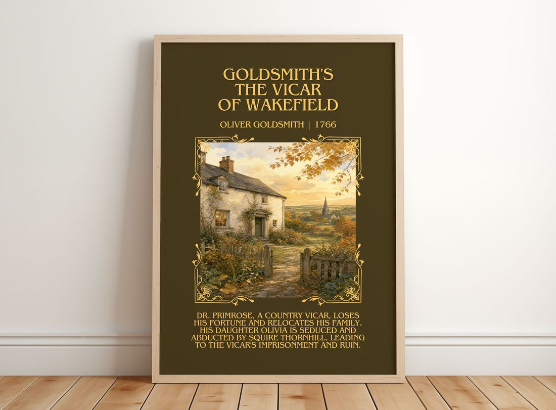 Goldsmith's The vicar of Wakefield Minimalist Book Poster by Oliver Goldsmith – framed print leaning on a wooden floor