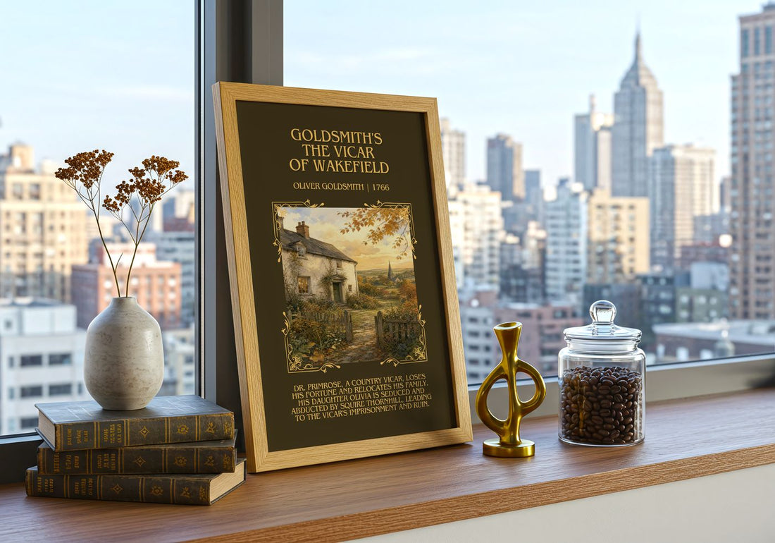 Goldsmith's The vicar of Wakefield Minimalist Book Poster by Oliver Goldsmith – framed print on a city-view windowsill