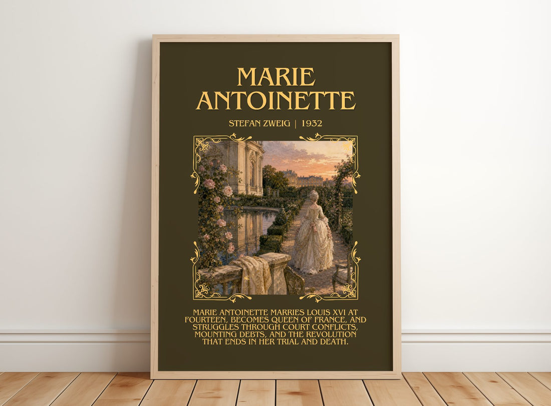 Marie Antoinette Minimalist Book Poster by Stefan Zweig – framed print leaning on a wooden floor