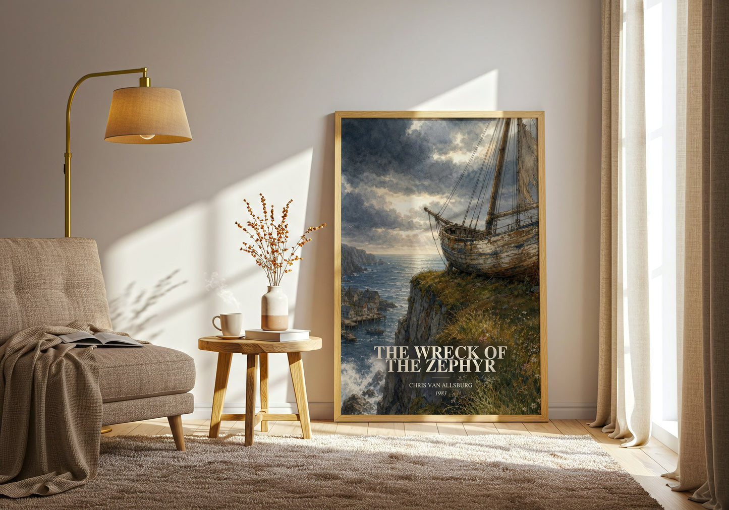 The Wreck Of The Zephyr watercolour print in frame leaning in hallway – childrens wall art