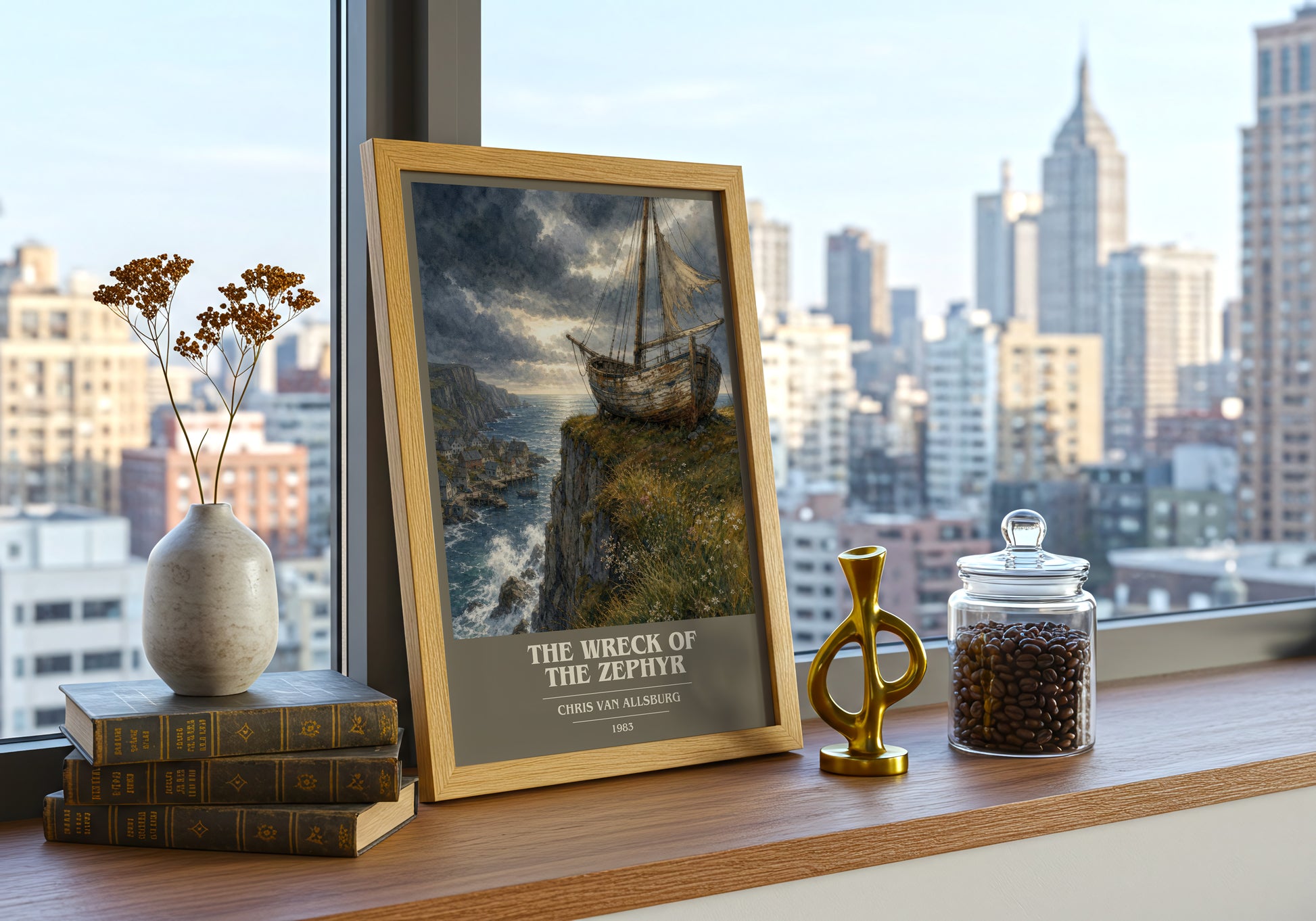 The Wreck Of The Zephyr book cover print framed by window – literary home decor