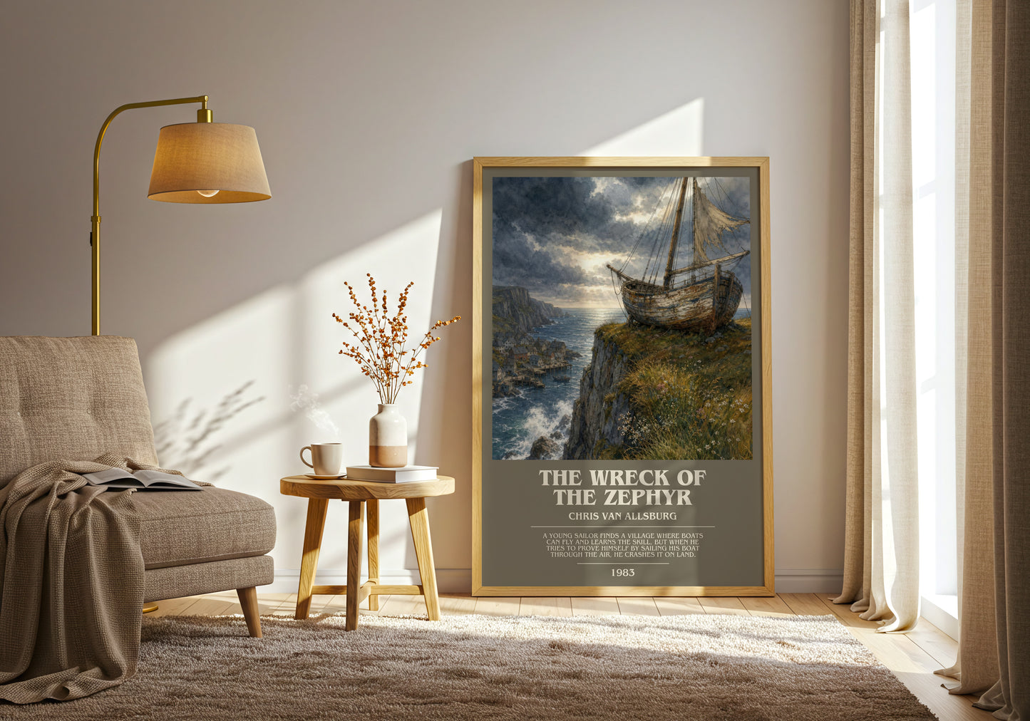 The Wreck Of The Zephyr bookish print on bookshelf – Chris Van Allsburg fan gift