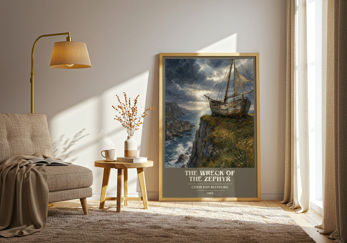 The Wreck Of The Zephyr book cover print on bookshelf – Chris Van Allsburg fan gift
