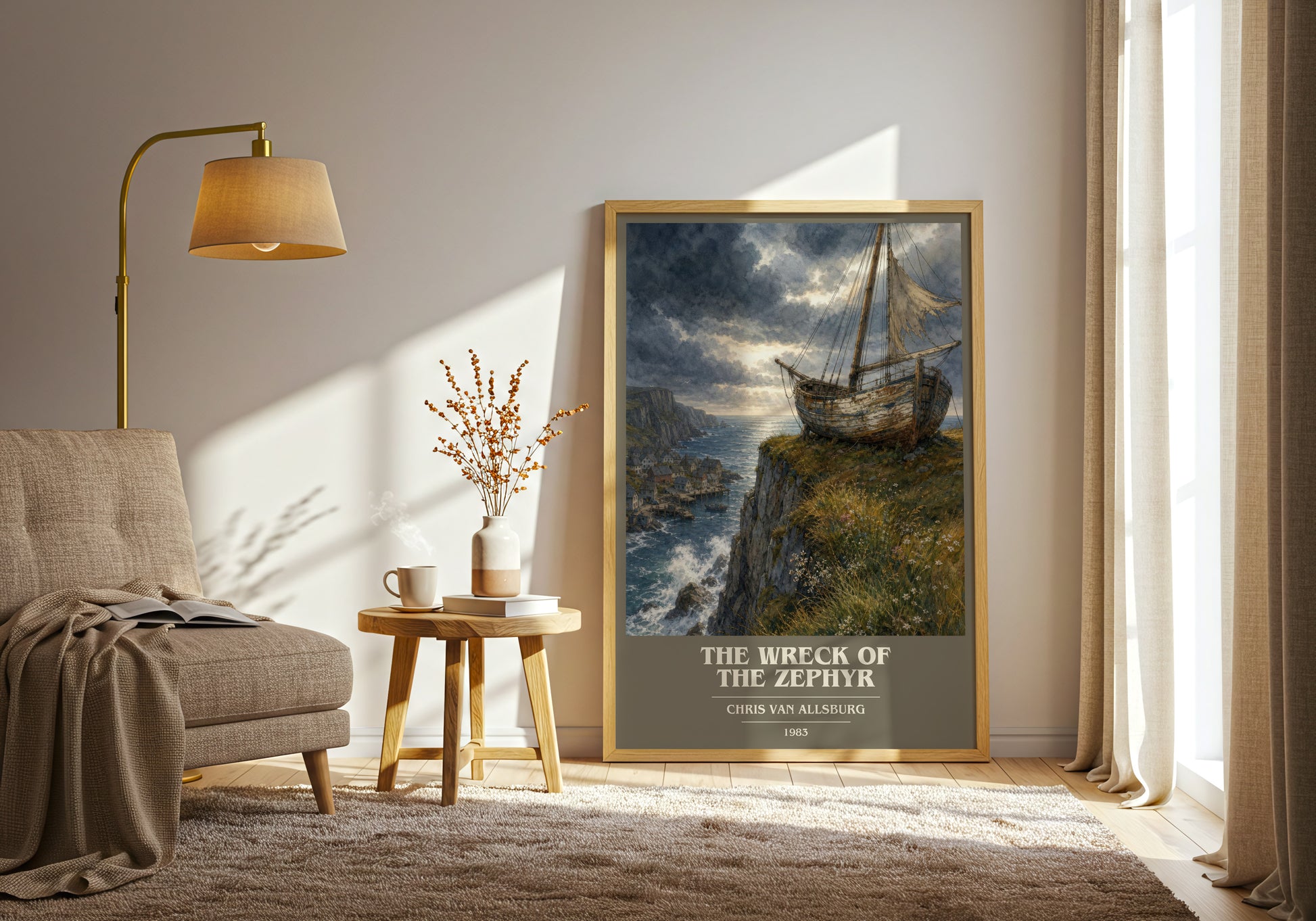 The Wreck Of The Zephyr book cover print on bookshelf – Chris Van Allsburg fan gift