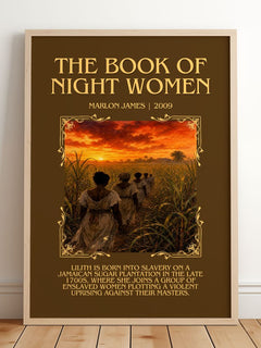 The book of night women Minimalist Book Poster by Marlon James – framed print leaning on a wooden floor