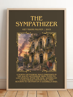 The Sympathizer Minimalist Book Poster by Viet Thanh Nguyen – framed print leaning on a wooden floor