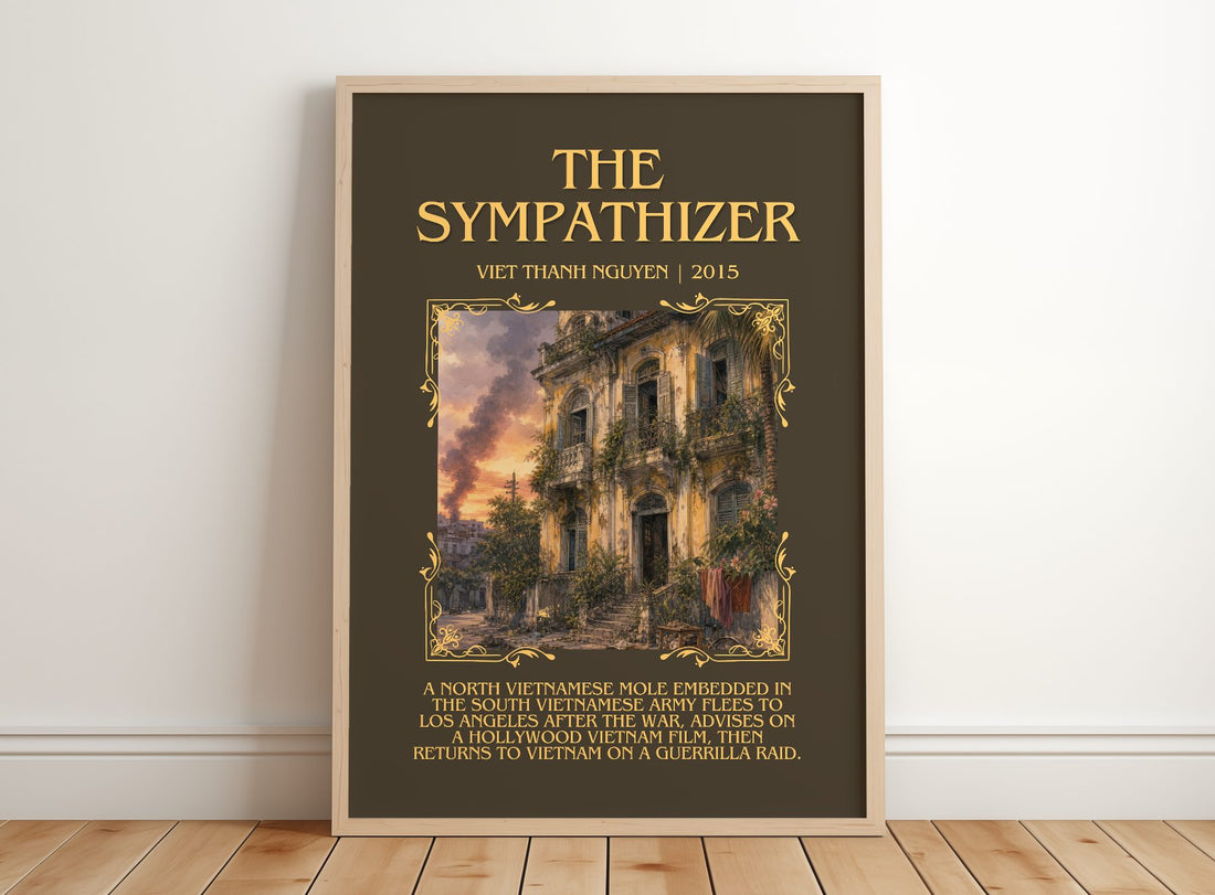 The Sympathizer Minimalist Book Poster by Viet Thanh Nguyen – framed print leaning on a wooden floor