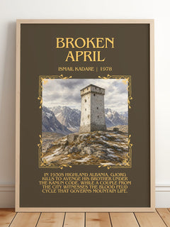 Broken April Minimalist Book Poster by Ismail Kadare – framed print leaning on a wooden floor