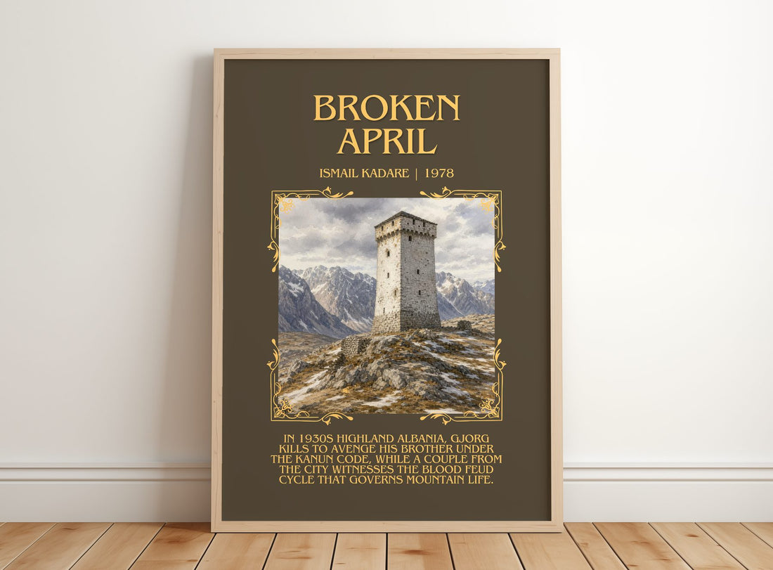 Broken April Minimalist Book Poster by Ismail Kadare – framed print leaning on a wooden floor