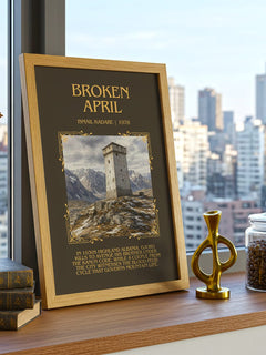 Broken April Minimalist Book Poster by Ismail Kadare – framed print on a city-view windowsill