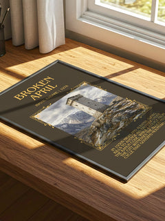 Broken April Minimalist Book Poster by Ismail Kadare – print on a sunlit desk