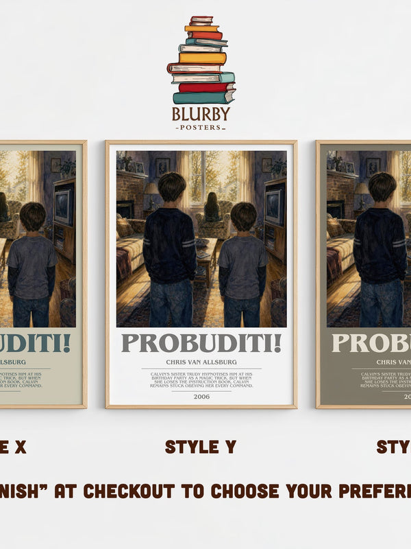 Probuditi! bookish print in frame leaning in hallway – childrens wall art