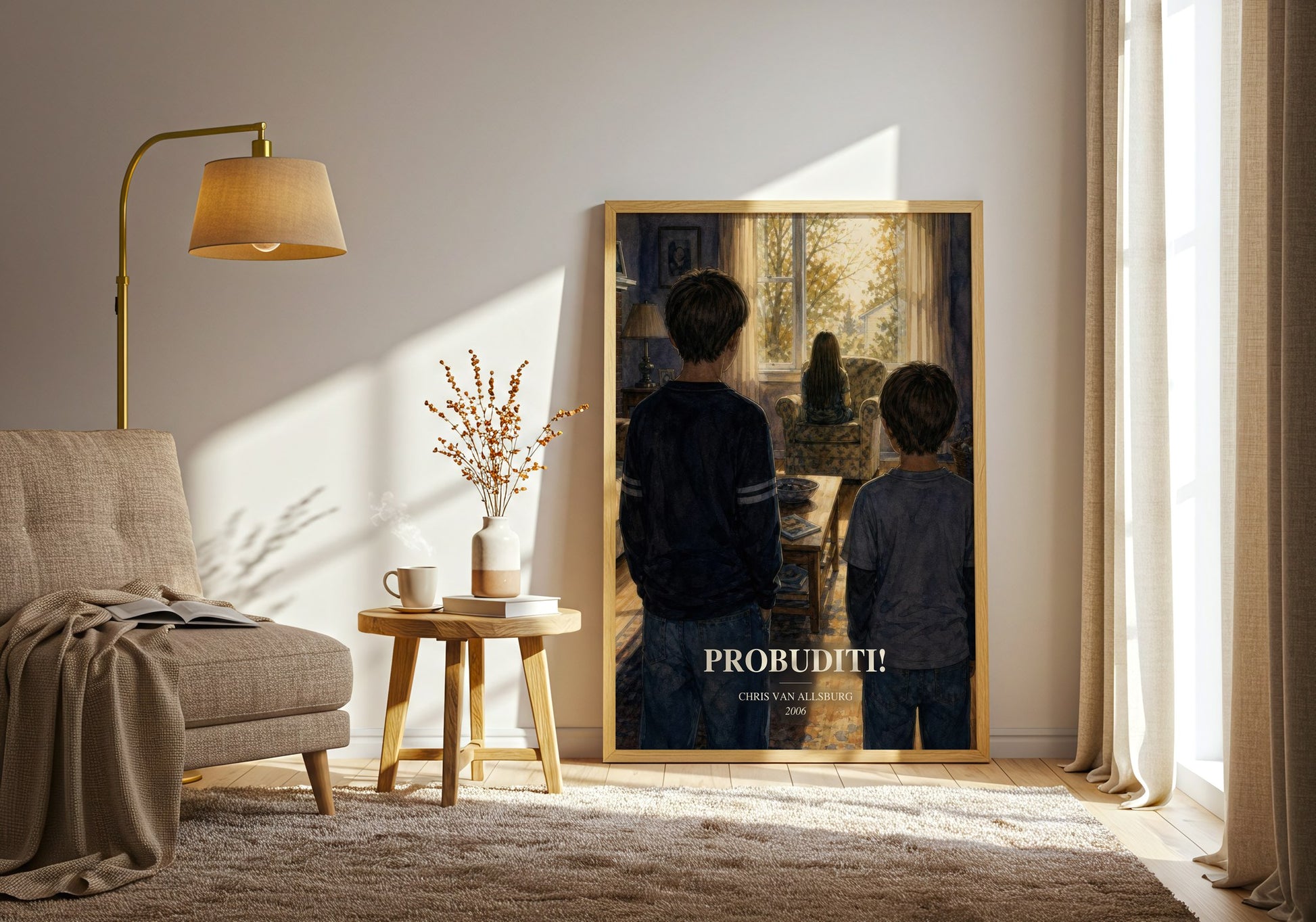 Probuditi! watercolour print in frame leaning in hallway – childrens wall art