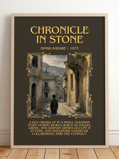 Chronicle in Stone Minimalist Book Poster by Ismail Kadare – framed print leaning on a wooden floor