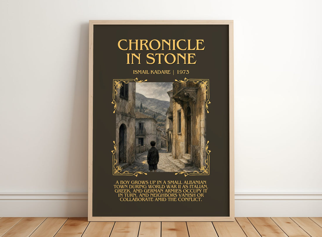 Chronicle in Stone Minimalist Book Poster by Ismail Kadare – framed print leaning on a wooden floor