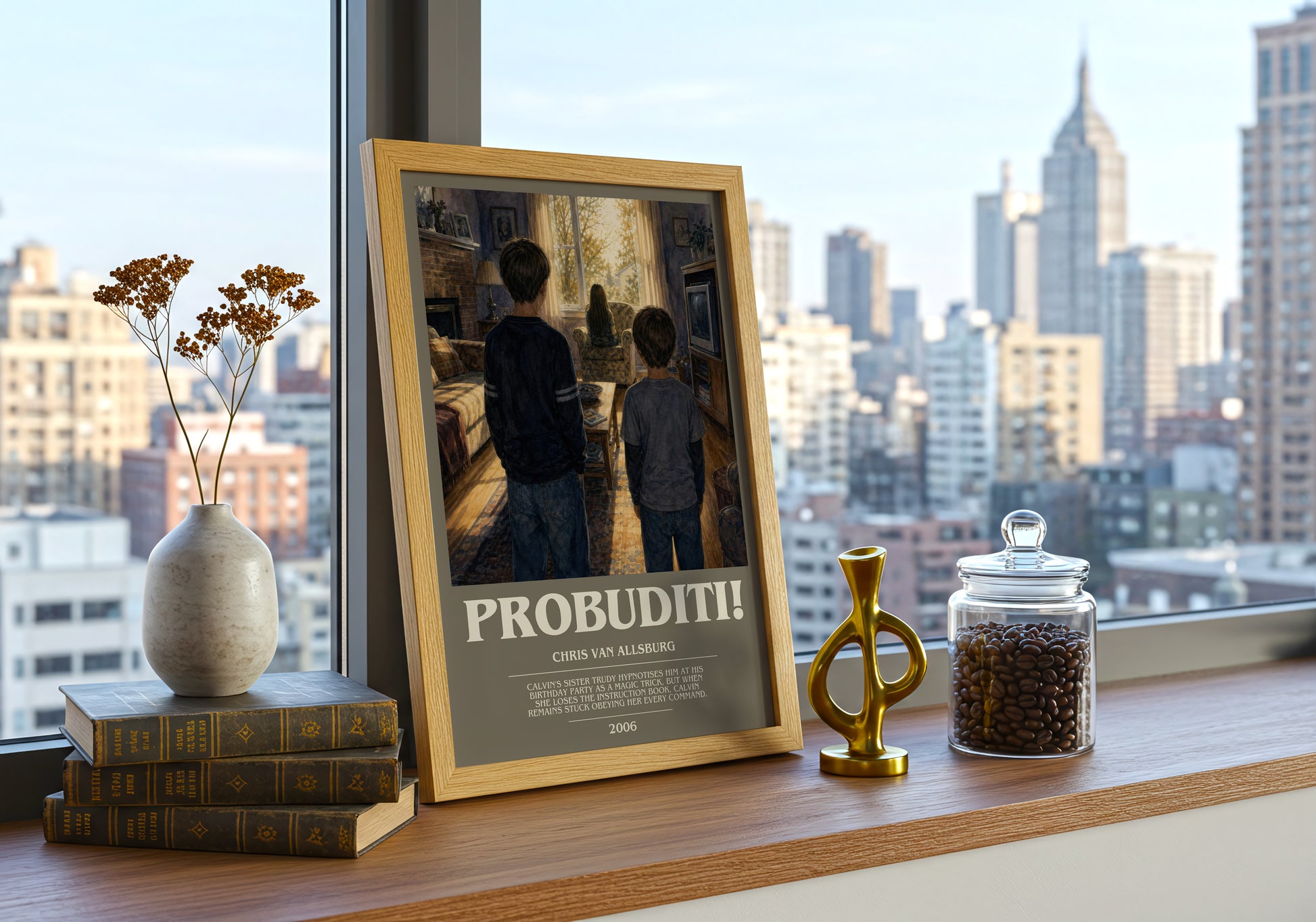 Probuditi! bookish print framed by window – literary home decor