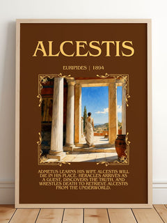 Alcestis Minimalist Book Poster by Euripides – framed print leaning on a wooden floor