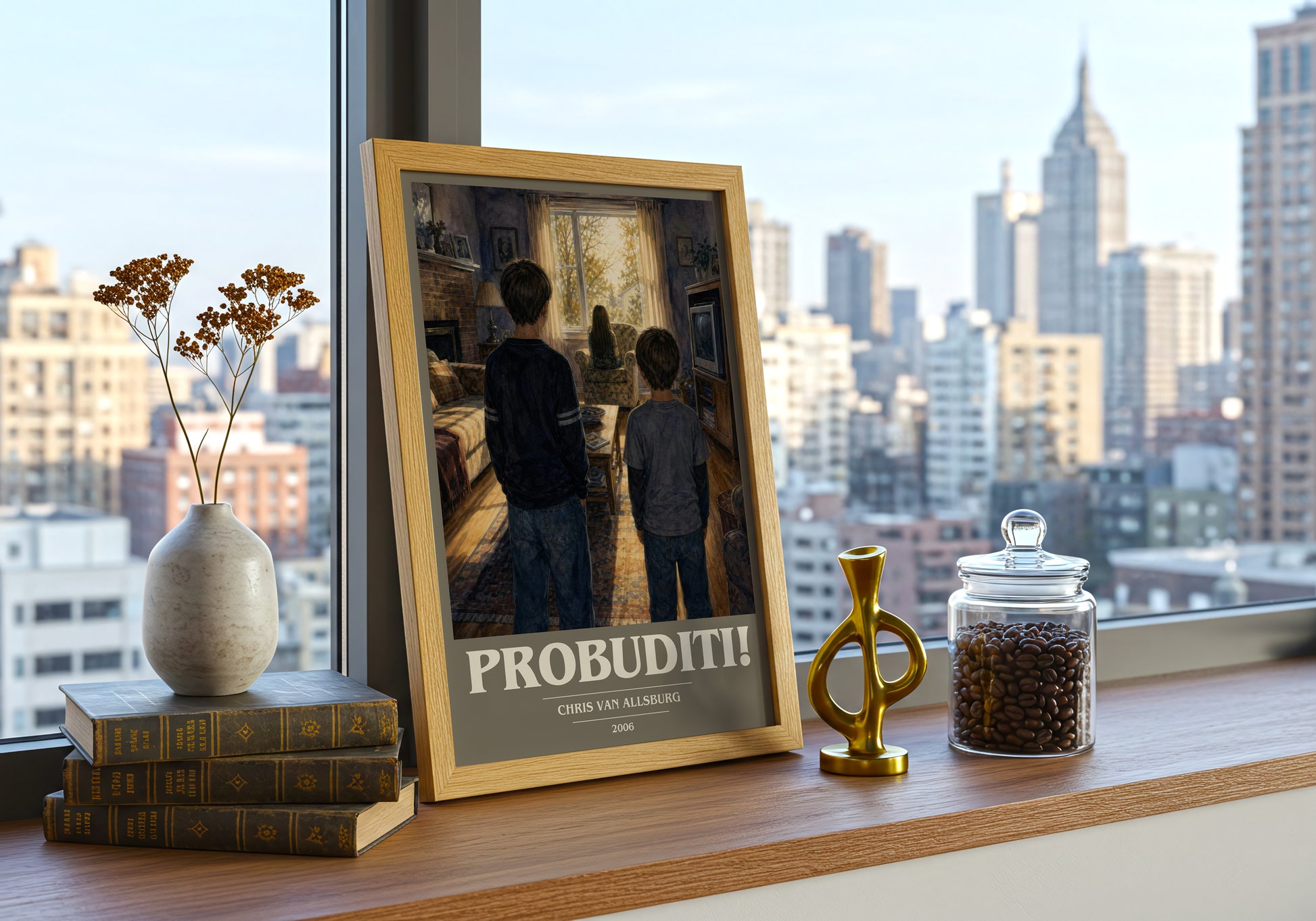 Probuditi! book cover print framed by window – literary home decor