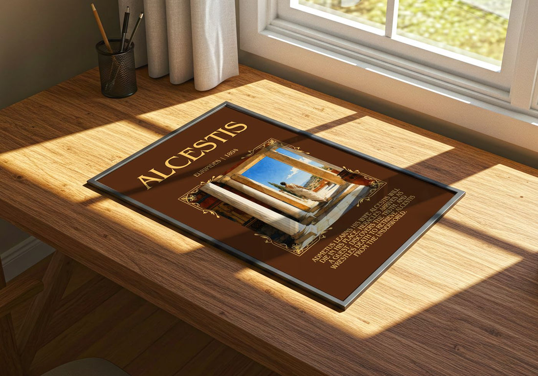 Alcestis Minimalist Book Poster by Euripides – print on a sunlit desk