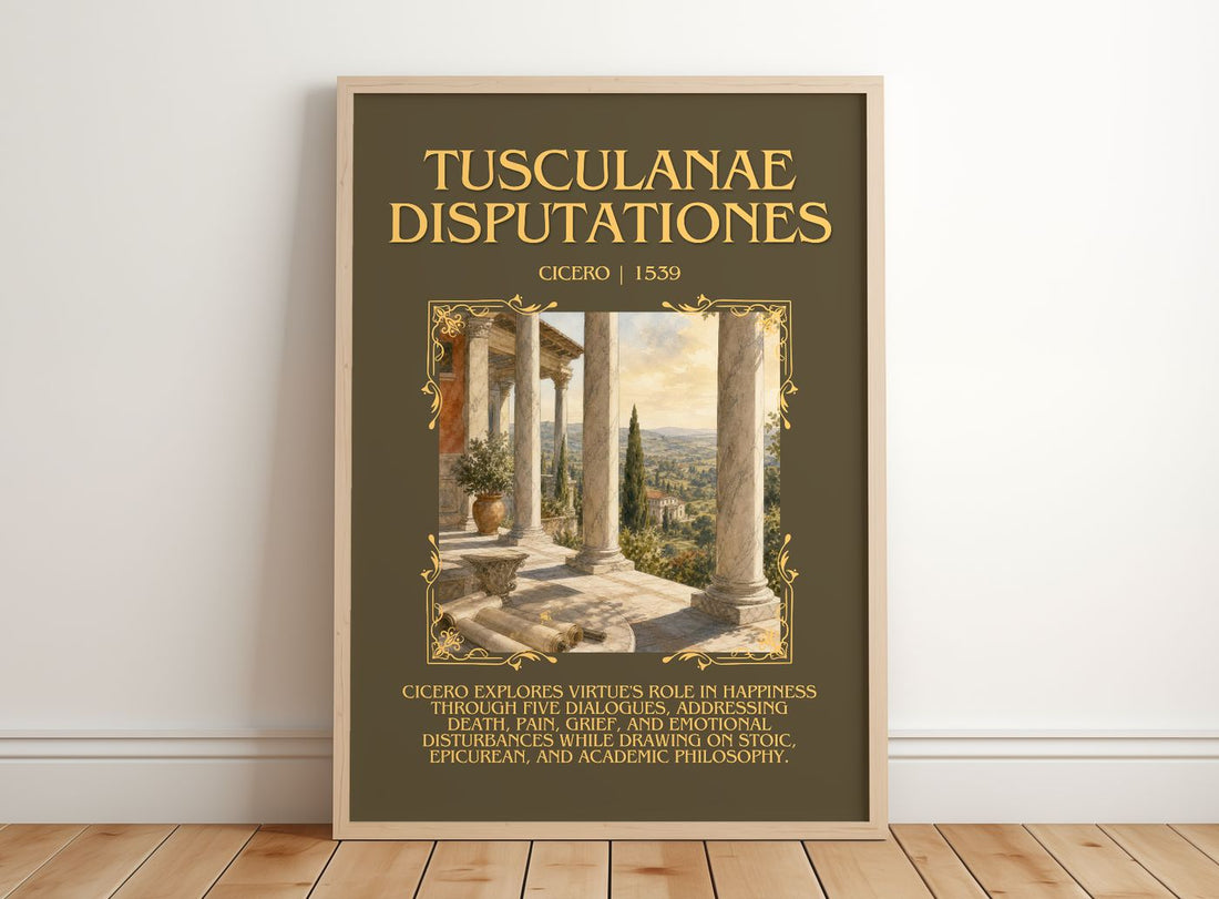 Tusculanae disputationes Minimalist Book Poster by Cicero – framed print leaning on a wooden floor