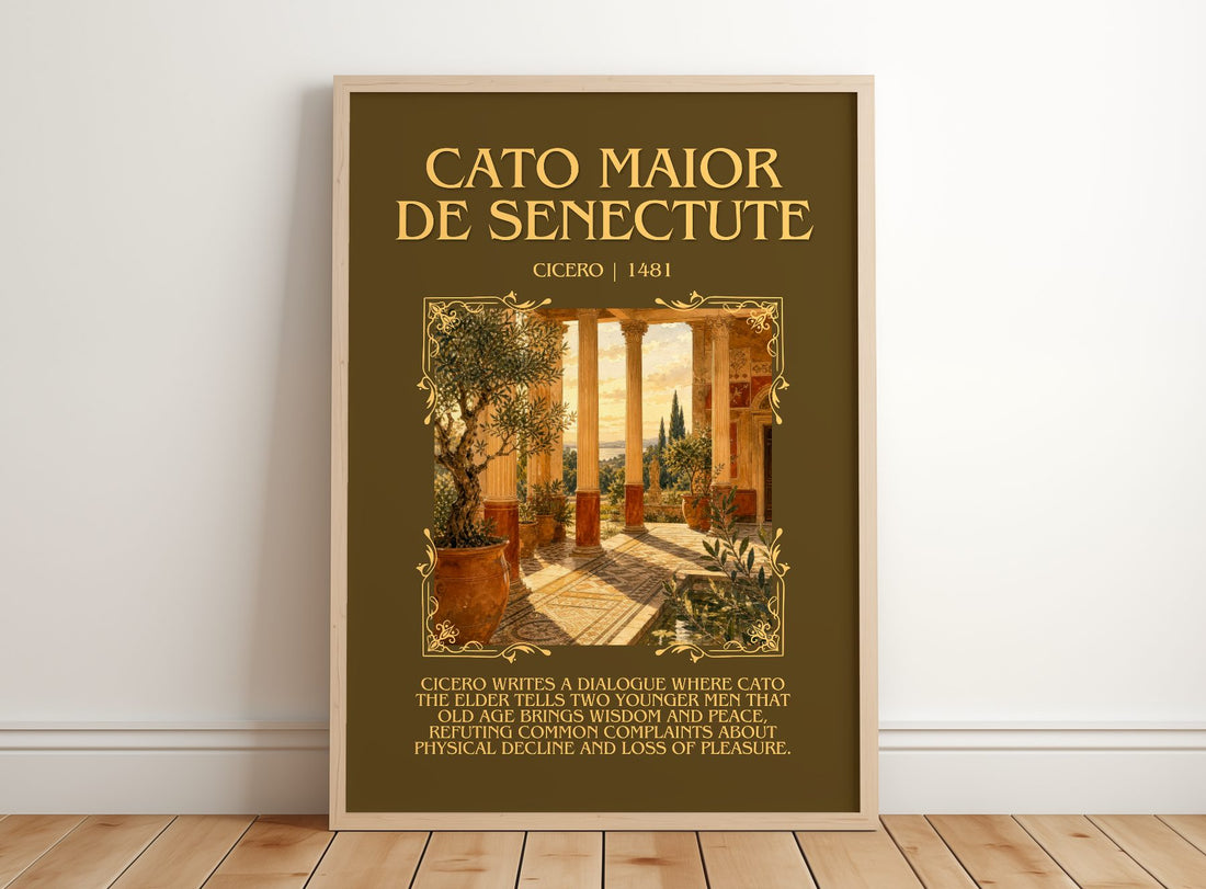 Cato maior de senectute Minimalist Book Poster by Cicero – framed print leaning on a wooden floor