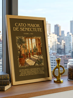 Cato maior de senectute Minimalist Book Poster by Cicero – framed print on a city-view windowsill