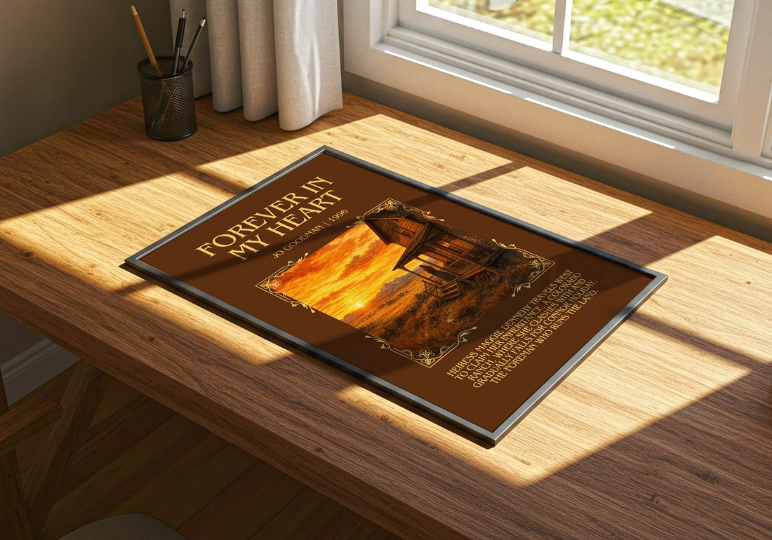 Forever in my heart Minimalist Book Poster by Jo Goodman – print on a sunlit desk